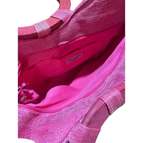 Sun N Sand Boho Chic Beaded Pink Straw Handbag Statement Summer Purse with Woode