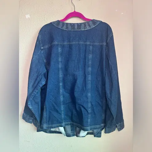 Quacker Factory Dark Blue Denim Rhinestone Embellished Button Front Jacket 3X