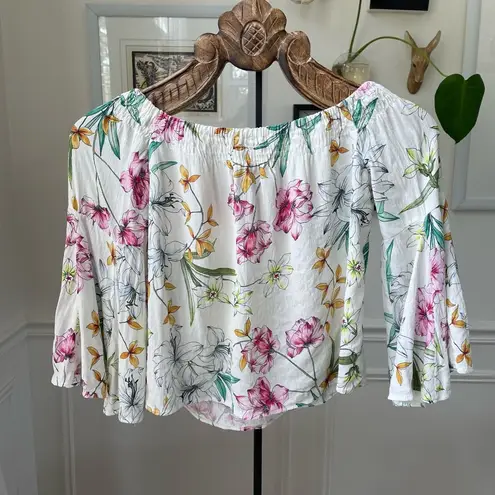 Bershka Floral Flowy Crop Top Off Shoulder Blouse XS