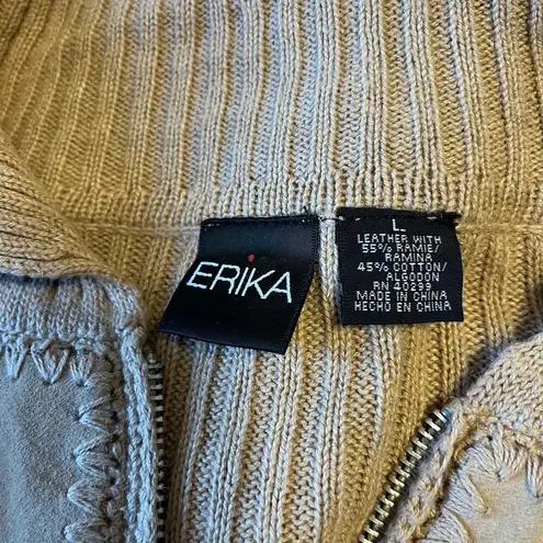 Erika Vintage Leather Jacket Patchwork Cardigan Tan Size Large Zip Up Knit Collar Y2K