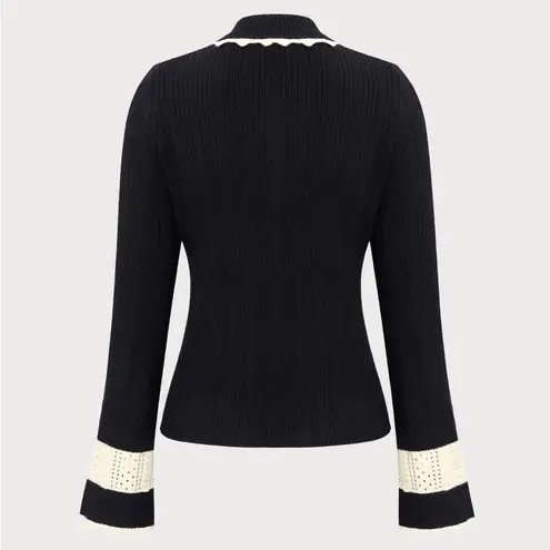 Rihoas Women's Black Splicing Button Ribbed Cardigan Size L