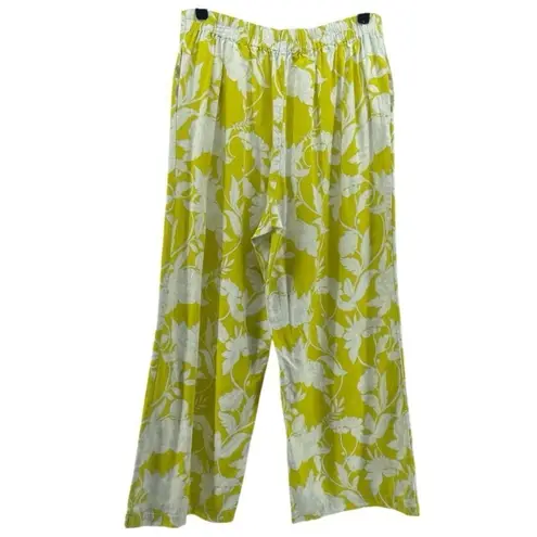 Andrew Marc Marc New York Chartreuse Floral High Waisted Wide Leg Crop Pants M Linen Blend