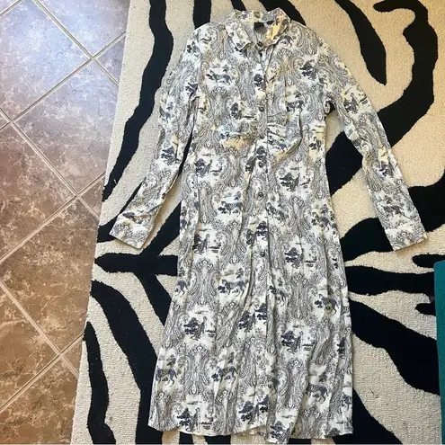 PINKO White Blue Panther Print Long Sleeve Midi Dress Size 8