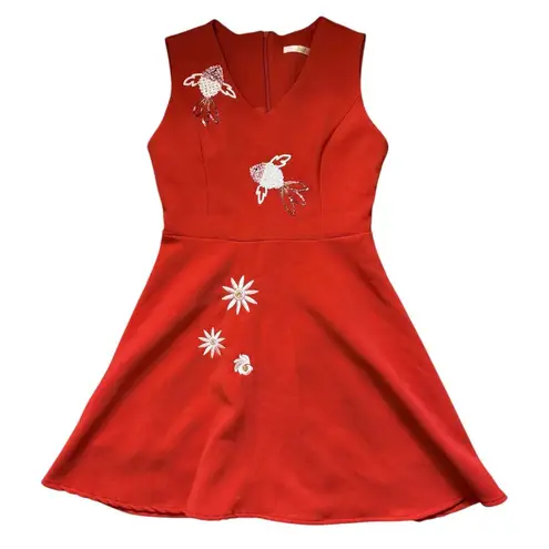 Red Dress Fish Embroidered Fit Flare Size Medium Sequin Japan Asian Daisy Knee