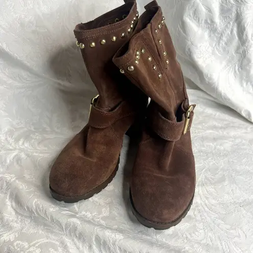 INC ‎ Brown Suede Gold Studded Boots with Buckle Size 9M