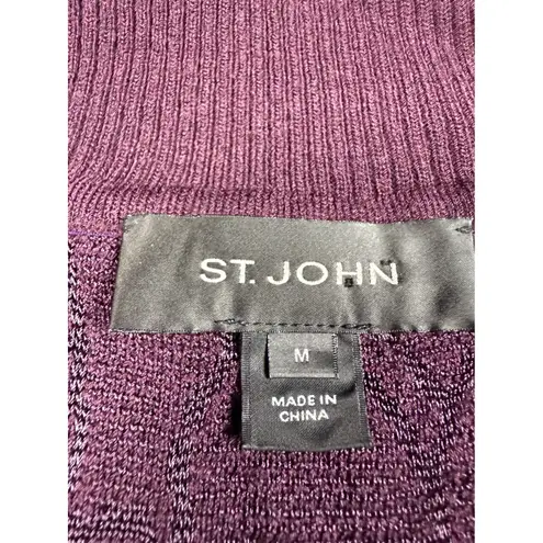 St. John Purple Plum Knit Cardigan Sweater Open Front Floral Pattern Medium