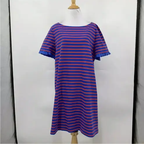 Tory Burch  Red Blue Striped Mini Dress Cotton Ruffle Trim short Sleeve Small