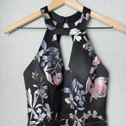 BCX Dress Floor Length High-Neck Maxi Dress Black Floral Print Women’s Size 3