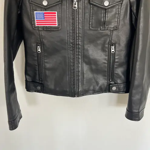 BCBG Paris Black Faux Leather Jacket with Shearling Collar & American Flag Patch Size Small