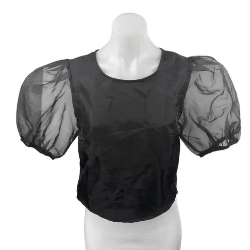 Etophe studios Women's Black Short Puff Balloon Sleeve Mesh Blouse Top Size M