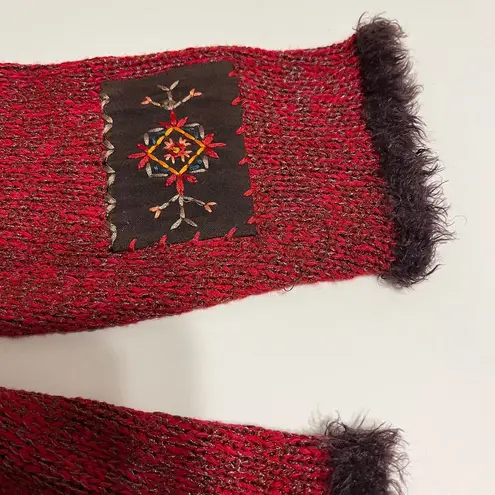 Vintage Granny Cardigan Sweater Burgundy Size 1X Embroidered Patchwork Fur Trim Red