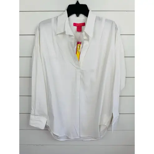 Catherine Malandrino Womens Size M Classic White Collared V Neck Long Sleeve Top