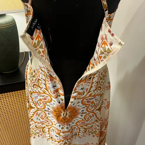 Aakaa Orange Cream Mosaic Boho Pattern Evening Maxi Halter Dress Size Small