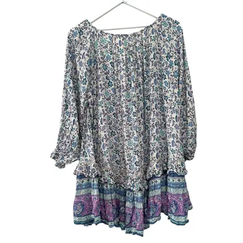 Spell & The Gypsy Flora Boho Mini Dress Purple Border XS Blue