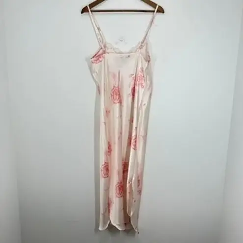 Vintage Floral Pink Lace Trim Satin Slip Nightgown Private Luxury Fairycore Size M