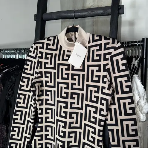 Balmain Ivory & Noir Monogram Shoulder Pad Knit Mini Dress