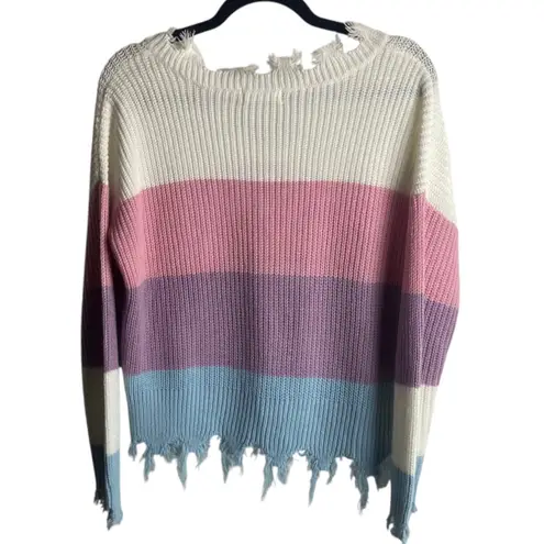 Jolie & Joy Size Large Distressed Striped Ribbed Knit Sweater Purple Blue Pink