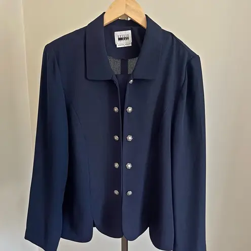 Vintage Leslie Fay Navy Blazer 12 Pearl Buttons Sheer 80s Power Jacket Blue