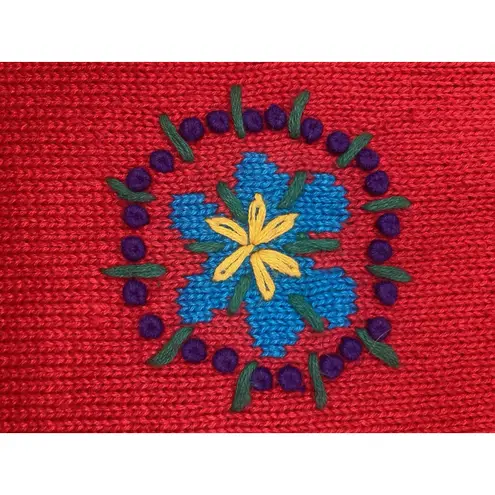 Vintage 80s Red Turtleneck Sweater Women L Chunky Bold Embroidered Shoulder Pads Size L