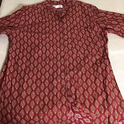 Orvis Long sleeve pattern button up band collar long sleeve Tunic shirt Sz. LRG