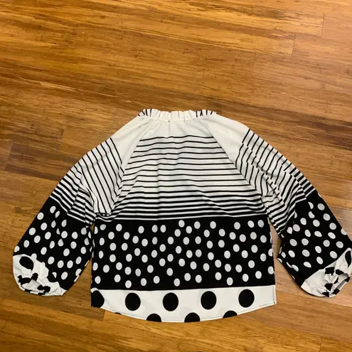 Ariella Black White Striped Polka Dot Blouse Womens Size Medium Tie Neck Top