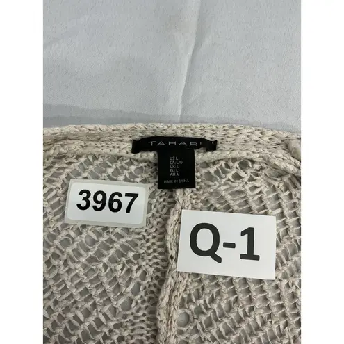 Tahari Womans Sweater Large Beige Knit Open Front Cardigan Short Sleeves