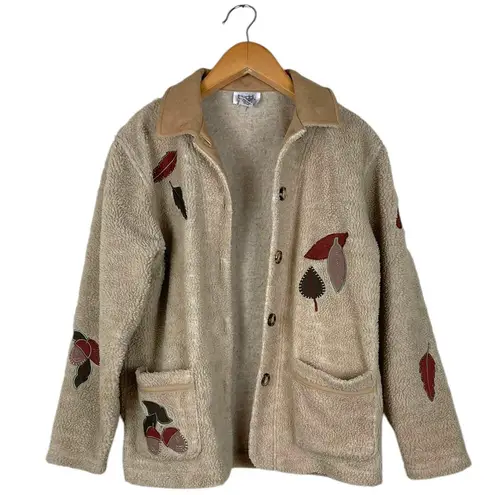 Vintage 90s Teddi Women’s Size Small Tan Fleece Fall Leaves Jacket Cottagecore