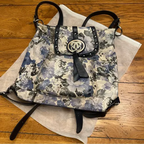 Sharif Leather Floral Convertible Blue and Black Women's Bag Set Purse Backpack