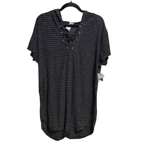 TIME AND TRU NWT Women's Large Black Striped Hooded Tunic Dress Lace Up cover up