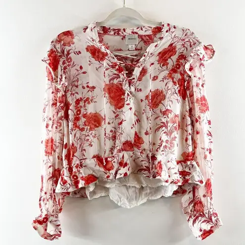 Maeve Floral Print Long-Sleeve Lace-Up Ruffled Sheer Blouse White Red Small P