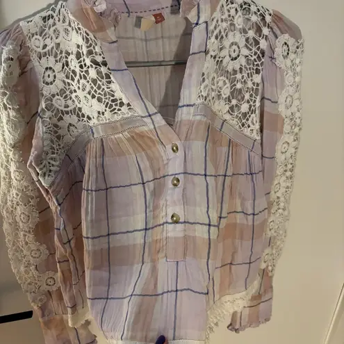 Pilcro Anthropologie Lace Plaid Lavender Peasant Blouse – XS (Fits S Comfortably)
