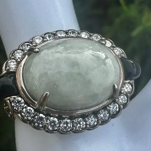 Sterling Silver Celadon Jade & Black Onyx CZ Filigree Ring