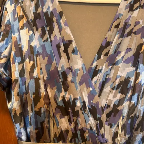 Sangria V Neck Midi Dress Blue Purple Abstract Print Belted Women's Size 10