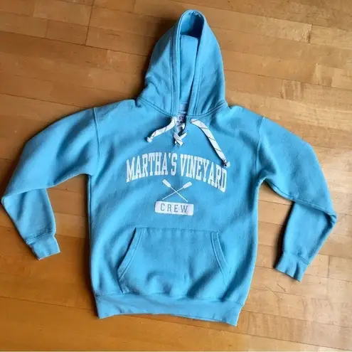 Martha’s Vineyard Crew Collegiate Sweatshirt Hoodie, Aqua Blue, White, Size S Blue