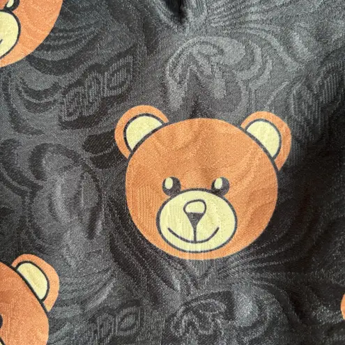 Saferin Teddy Bear Print Black Jacquard Pleated Midi Skirt Kawaii Harajuku Retro Size M