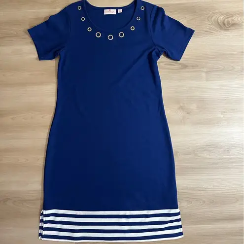 Quacker Factory Blue White Size XS Short Sleeve Striped Hem Knit Dress Grommets
