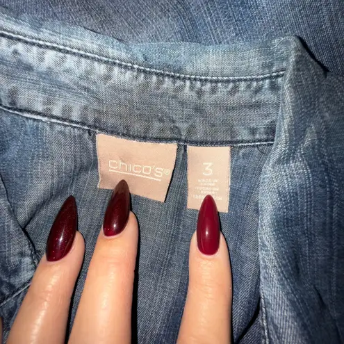 Chico's  Chambray Button Up Tunic‎ Long Roll Tab Sleeves XL 16/18 Casual Normcore