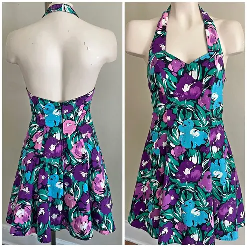 Vintage 80s 90s Floral Halter Mini Dress XS