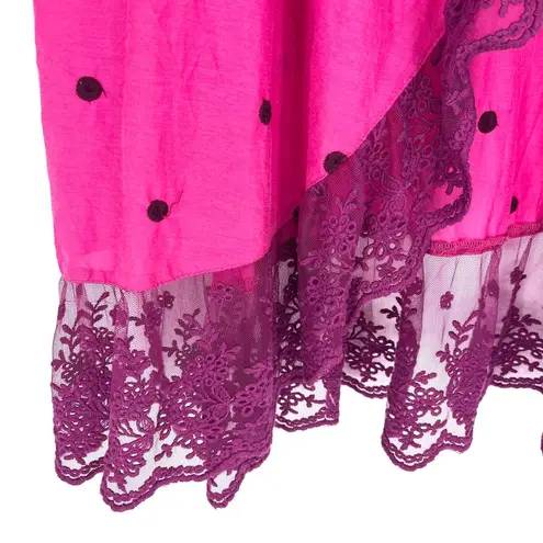 Odd Molly Polka Dot Tie Front Kimono with Lace Trim Magenta Burgundy Size L