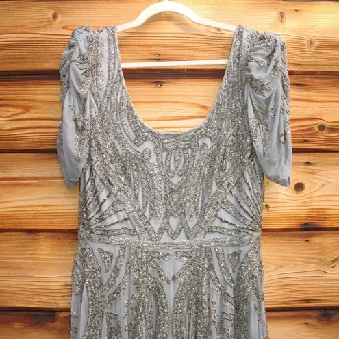 Mac Duggal 5434 Short Sleeve Beaded A-line Tea Length Dress