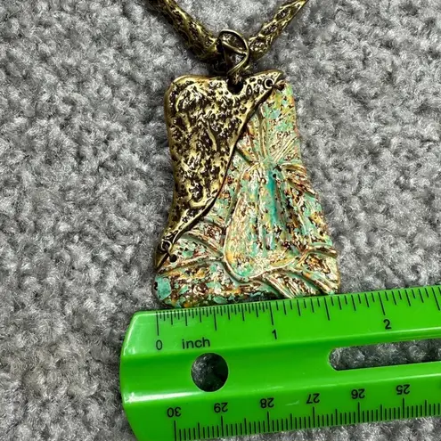 Green & Bronze Pendant Necklace Textured Metal Design on Chain 18 Inches Long