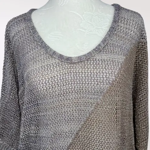 Metallic Open Knit Tunic Sweater Made in USA Size Medium Large Brown
