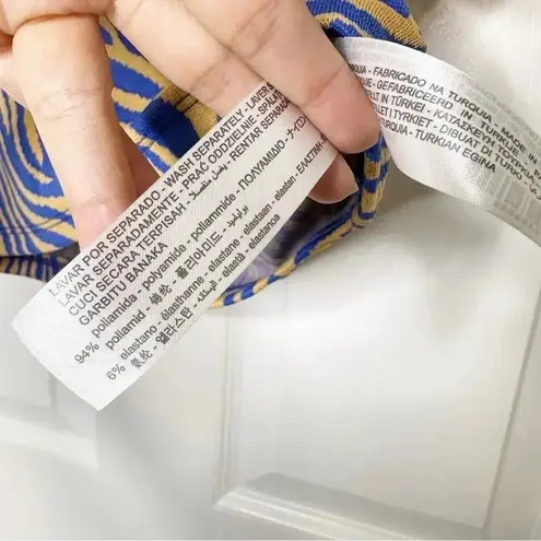 Bershka Zebra Blue Tan Short Sleeve Crop Top Front Slit Size Large