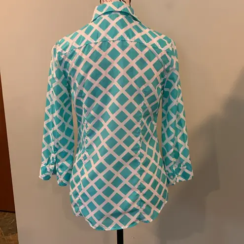 JCPenny Aqua Diamond Pattern 3/4 Sleeve Cotton Silk Blouse Top Women’s XS Blue