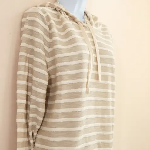 J.Crew Women's Large Beige White Striped Hoodie Long Sleeve Cotton Blend Sweater Tan