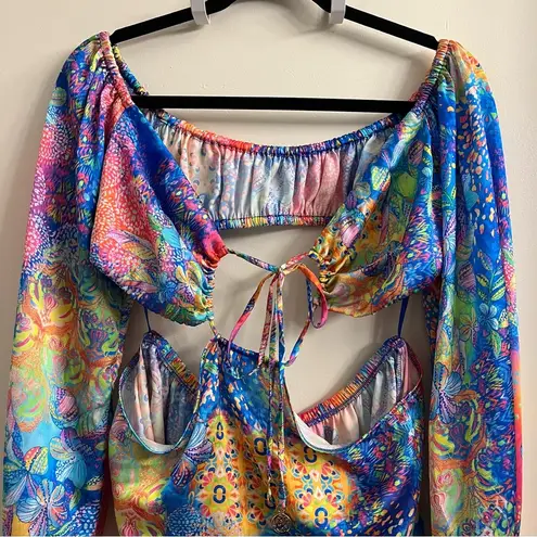 Luli Fama Women's Deco Gardens Halter Long Sleeve Cut Out Mini Dress Size Medium