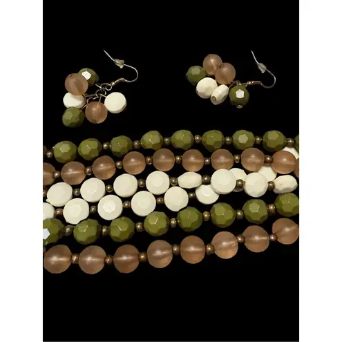 Vintage plastic gold and three color bead strand necklace with matching earrings Brown