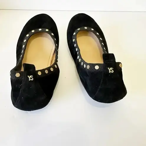 YOSI SAMRA Womens Size 7 Black Suede Gold Studded Foldable Ballet Flats
