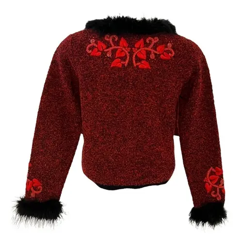 BEREK Vintage Button Down Faux Fur Trim Red Beaded Sweater Size S
