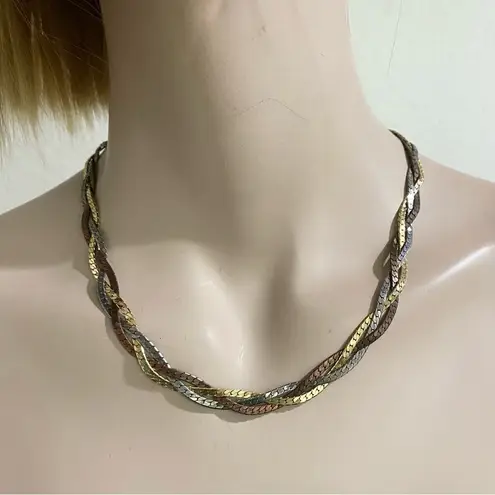 Tricolor Bronze Gold and Silver Braided Snake Chain 16” Necklace Made in Korea